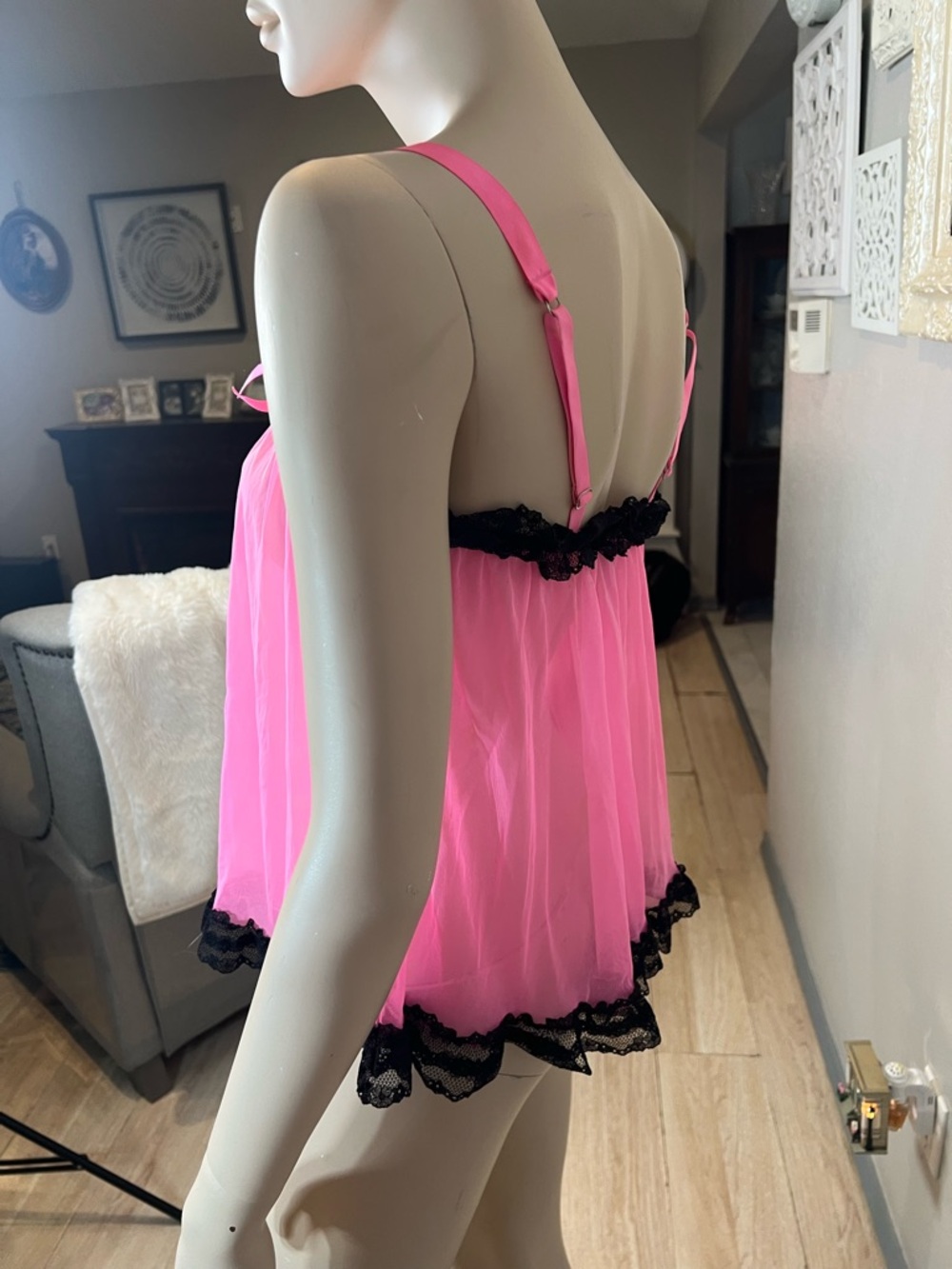 Victoria’s Secret Pink Babydoll Chemise with Black Lace Trim - Picture 7 of 11